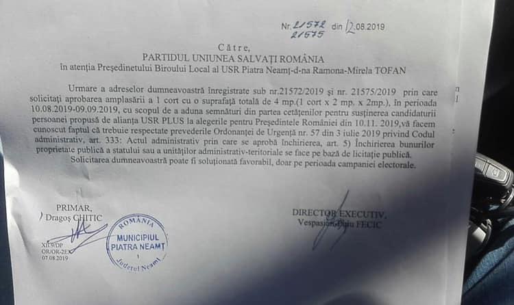 USR &icirc;l acuză pe primarul din Piatra Neamţ că cere licitaţie pentru amplasarea unui cort &icirc;n care să str&acirc;ngă semnături pentru prezidenţiale
