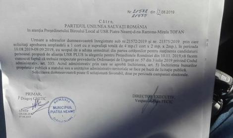 USR îl acuză pe primarul din Piatra Neamţ că cere licitaţie pentru amplasarea unui cort în care să strângă semnături pentru prezidenţiale