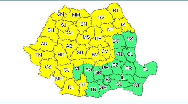 Cod galben de instabilitate atmosferică &icirc;n cea mai mare parte a ţării, p&acirc;nă joi dimineaţă; ulterior, va intra &icirc;n vigoare o informare de ploi, vijelii şi grindină, valabilă &icirc;n &icirc;ntreaga ţară