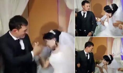 VIDEO - Mireasă lovită cu bestialitate în ziua nunții de către soț! Femeia a căzut pe spate de la lovitura puternică