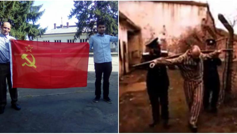Steagul comunist, arborat cu mândrie în fața fostei închisori Pitești, locul în care 5.000 de români au suportat chinuri groaznice