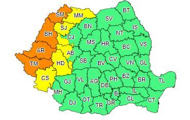 Cod galben de vijelii şi ploi torenţiale, &icirc;n Banat, Crişana, Maramureş şi &icirc;n vestul şi nord-vestul Transilvaniei; &icirc;n judeţele Timiş, Arad, Bihor şi Satu Mare va fi Cod portocaliu de v&acirc;nt puternic