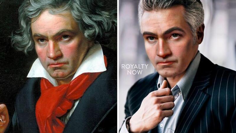 Ludwig Van Beethoven din 1800 și Ludwig Van Beethoven din 2020. Sunt imbracati diferit, primul are părul lung și o esarfa rosie la gat, iar cel de-al doilea este imbracat intr-o camasa albastra si sacou.