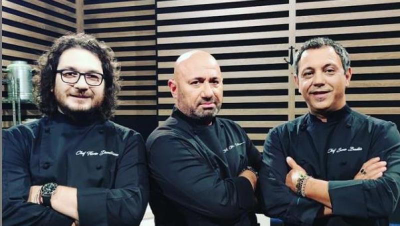 Cei trei chefi: Florin Dumitrescu, Cătălin Scărlătescu, Sorin Bontea, în prima zi de la filmările sezonului 8 Chefi la cuțite