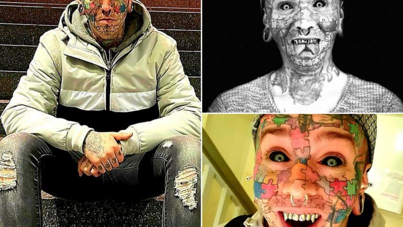 Benny Winter, din Essen, a investit 22.000 de lire sterline pentru a-și acoperi fața și corpul cu tatuaje în formă de puzzle