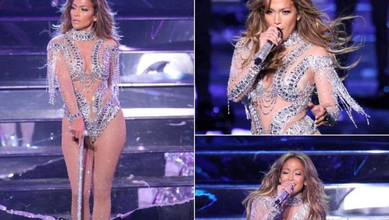 Jennifer Lopez pe scenă, imbracata intr-o tinuta din dantela transparenta si paiete arginti
