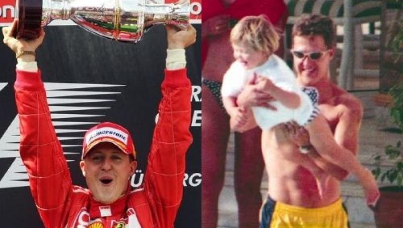 Michael Schumacher imbracat in echipamentul rosu de curse, ridica un trofeu.
