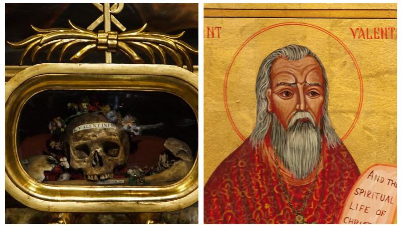 Presupusul craniu al Sfântului Valentin și o icoană ce îl reprezintă.