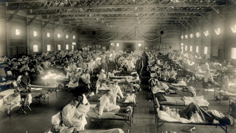 Spitalul unde bolnavii de gripă erau tratați la startul pandemiei, în Kansas, SUA, în 1918