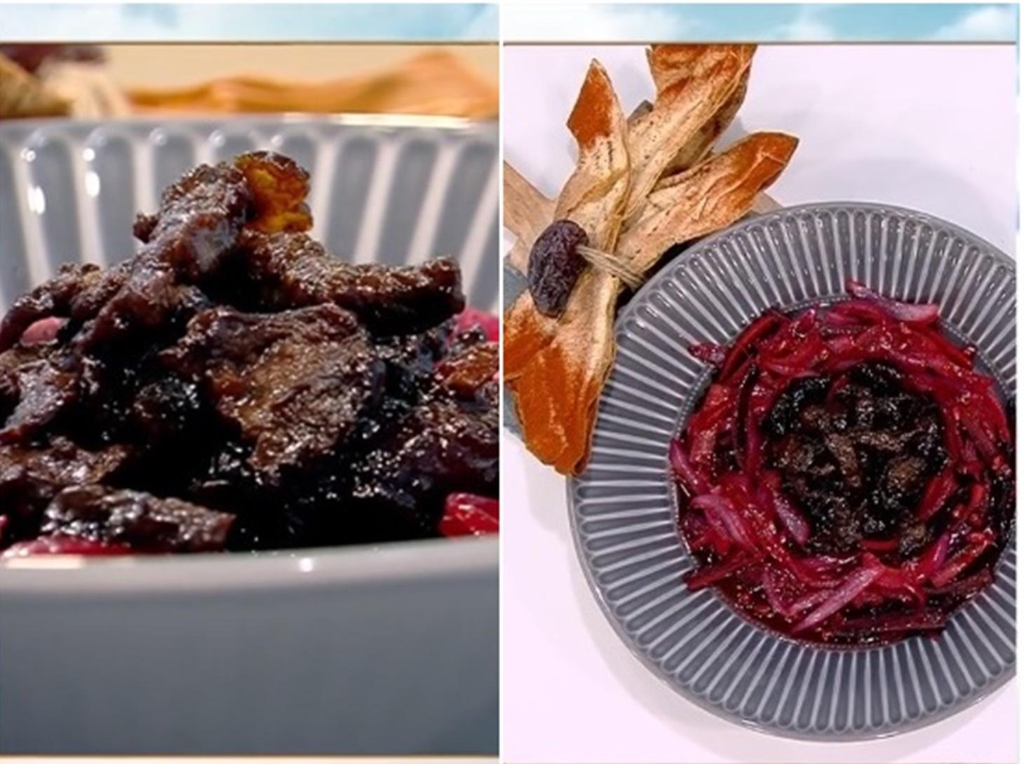 Din bucătăria lui Vlăduț - Rețeta Pulpă de vită cu sos de rodii și garnitură de ceapă roșie cu morcovi violet