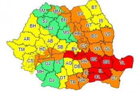 Coduri galben şi portocaliu privind intensificări ale vântului, ninsori şi viscol, în mare parte din ţară; în judeţele Prahova, Dâmboviţa, Argeş, Braşov, Buzău, Brăila, Ialomiţa, Călăraşi şi Tulcea va fi Cod roşu de viscol puternic