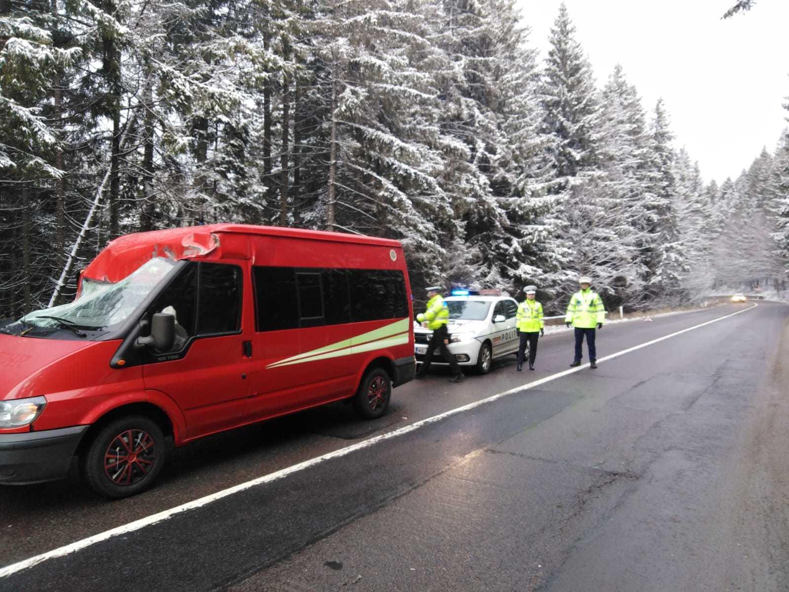 Harghita: Trafic &icirc;nchis pe DN 12 C, din cauza căderilor de copaci pe carosabil/ Un copac a căzut pe un microbuz, fără a se &icirc;nregistra victime/ &Icirc;n zonă, v&acirc;ntul suflă cu putere foarte mare