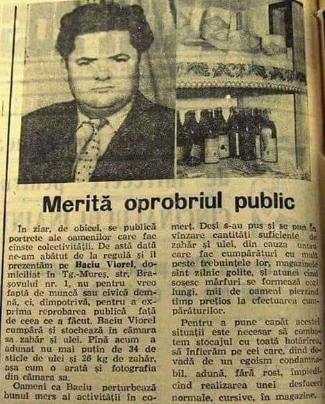 Tovarăși, să nu ne ascundem! Priviți acest &icirc;mbuibat! A cumpărat 34 de sticle de ulei și 26 kg de zahăr! Să combatem stocajul!