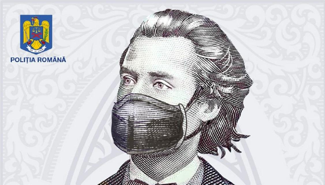 I-au pus mască de protecție lui Eminescu! Poliția Rom&acirc;nă, mesaj viral pe Facebook: &bdquo;Recomandăm distanțarea de cele mai populare chipuri&rdquo;