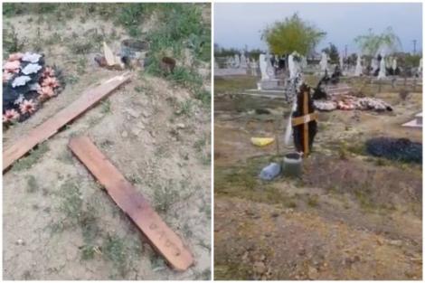 Un cimitir întreg din Galați, distrus chiar în noaptea de Înviere. Doi copii au rupt toate crucile ce le-au ieșit în cale: „Unele nu mai sunt deloc” - VIDEO