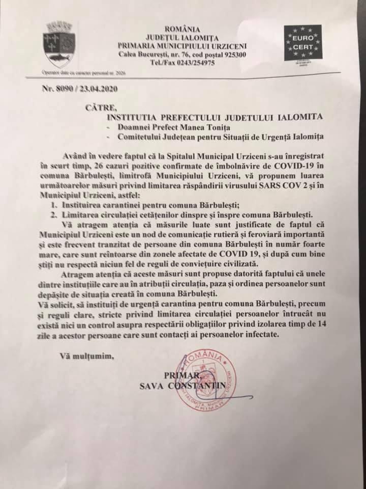 Primarul din Urziceni cere Prefecturii Ialomiţa şi MAI carantinarea comunei Bărbuleşti, care are foarte multe cazuri de infectare cu coronavirus