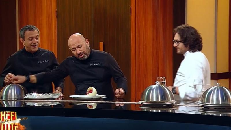 Sorin Bontea, Cătălin Scărlătescu și Florin Dumitrescu degustă preparatele celor nouă bucătari, la Chefi la cuțite
