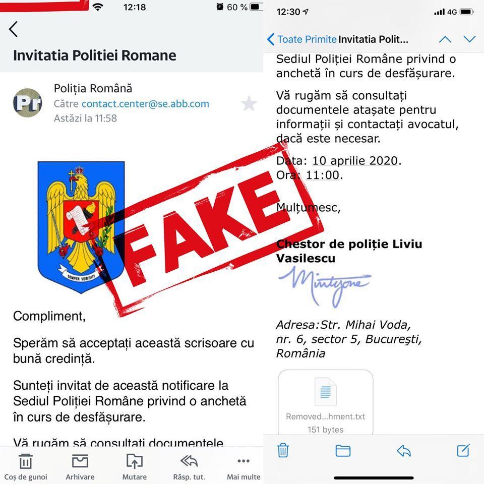 Poliţia Rom&acirc;nă anunţă trimiterea de e-mailuri &icirc;n numele instituţiei, persoanele fiind invitate pentru o presupusă anchetă, şi anunţă că acestea sunt false