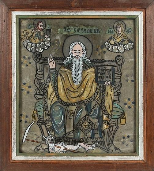 O icoană de colecţie "Sf&acirc;ntul Haralambie pe tron, leg&acirc;nd ciuma", de v&acirc;nzare de la 250 de euro