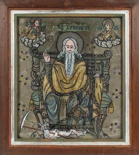 O icoană de colecţie "Sfântul Haralambie pe tron, legând ciuma", de vânzare de la 250 de euro