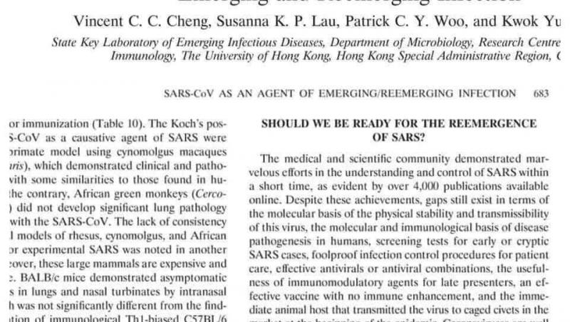 Patru specialiști de la Universitatea din Hong Kong au analizat, în 2007, peste 4.000 de materiale despre virusul SARS