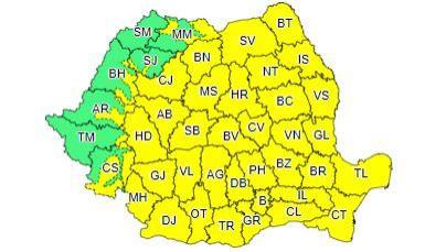 Cod galben de v&acirc;nt puternic şi ploi torenţiale, marţi, &icirc;n cea mai mare parte a ţării