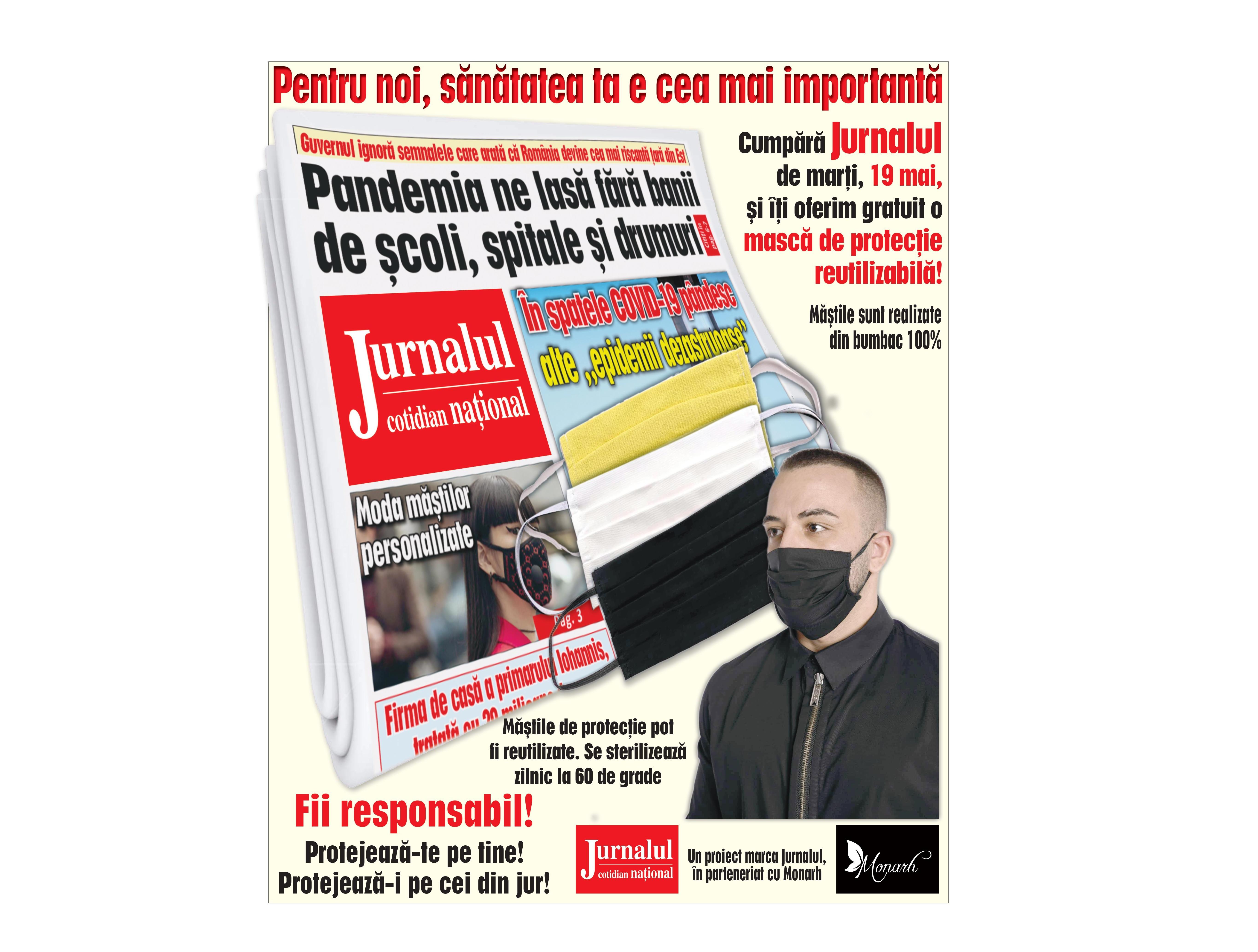 Marți, 19 mai, cumperi Jurnalul și primești gratuit o mască de protecție