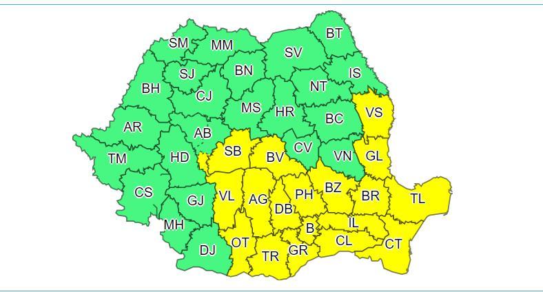 Cod galben de instabilitate atmosferică accentuată, vijelii şi grindină, &icirc;n Dobrogea, sud-estul Moldovei şi &icirc;n Muntenia