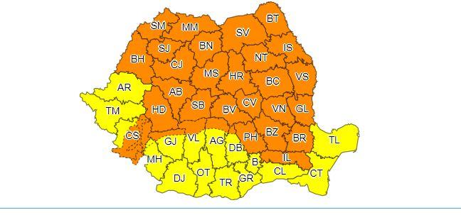 Cod portocaliu de ploi torenţiale, căderi de grindină şi vijelii, &icirc;n 31 de judeţe, p&acirc;nă duminică dimineaţă
