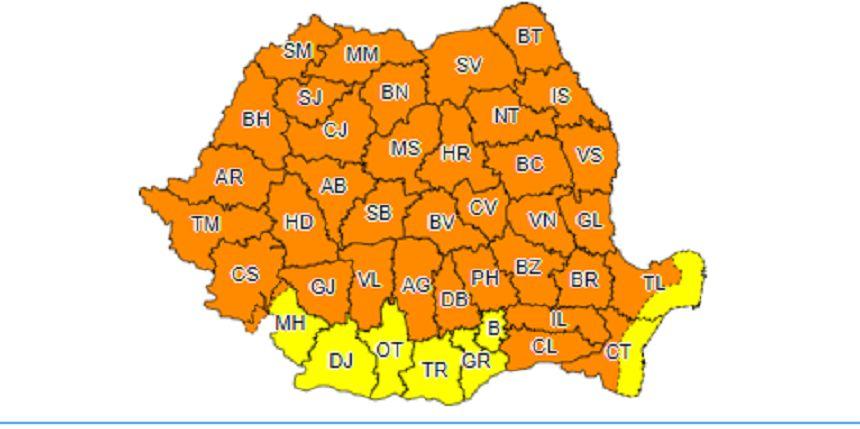 Cod portocaliu de ploi abundente grindină şi vijelii &icirc;n &icirc;ntreaga ţară, &icirc;ncep&acirc;nd de la ora 13:00