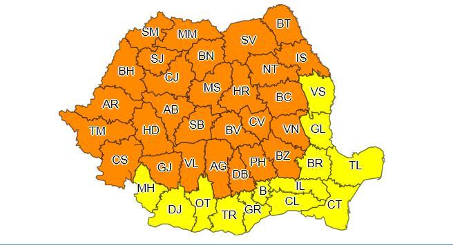 Furtunile vor continua &icirc;n &icirc;ntreaga ţară, p&acirc;nă s&acirc;mbătă dimineaţă, fiind emise din nou cod galben şi cod portocaliu