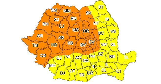 Codul galben de vreme rea, prelungit p&acirc;nă duminică la ora 10.00, fiind vizată &icirc;ntreaga ţară/ &Icirc;n Banat, Crişana, Maramureş, Transilvania şi zona montană, joi, este cod portocaliu