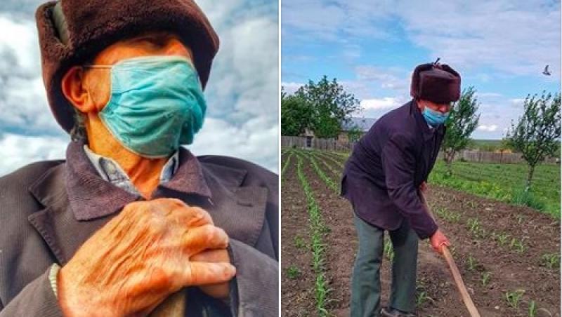 Imagini virale cu un bătrân, la câmp, cu mască de față