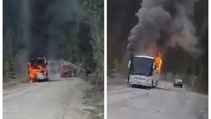 Un autocar cu zeci de pasageri a luat foc, în Azuga! Atenție, imagini ce vă pot afecta emoțional!