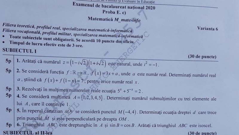 Barem Bacalaureat 2020 Matematică. Cum se rezolvă subiectele, pentru nota 10!