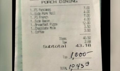 Un client a lăsat personalului unui restaurant din New Jersey un bacşiş de 1.000 de dolari, în semn de mulţumire pentru că a lucrat în timpul pandemiei
