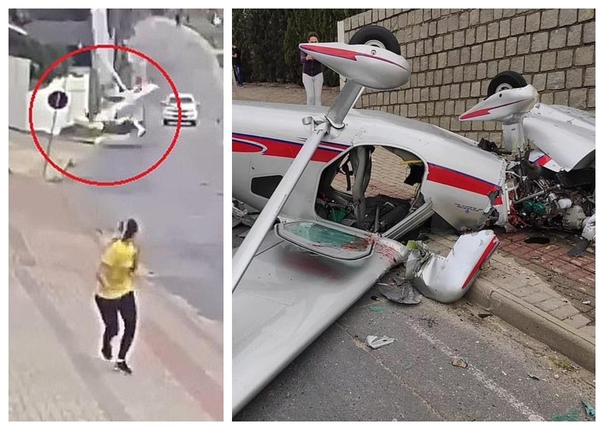 Imagini uluitoare! Un avion s-a prăbușit pe o stradă aglomerată! Un pieton și câteva mașini, ratate la mustață! Momentul a fost filmat! VIDEO