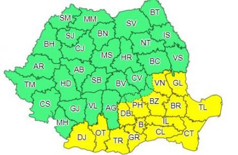 Cod galben privind disconfort termic, cu temperaturi de 33-37 de grade Celsius, în sudul şi estul ţării/ Cod galben de ploi torenţiale şi vijelii, în Transilvania, Oltenia, sudul Banatului, nord-vestul Munteniei şi Dobrogea continentală