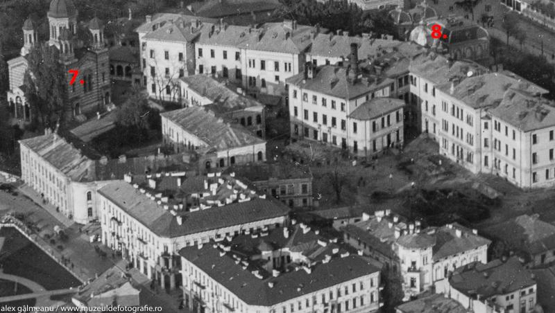 Vedere aeriană din anul 1930. Cu ”7” este notată Biserica Domnița Bălașa, cu ”8”, ”Spitalul Brâncovenesc”