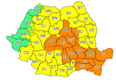 Cod portocaliu de vijelii, ploi torenţiale, descărcări electrice şi grindină, în sudul şi estul Transilvaniei, în zona Carpaţilor de Curbură, local în Muntenia şi în cea mai mare parte a Dobrogei