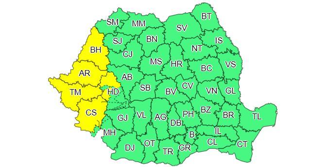 Administraţia Naţională de Meteorologie a emis cod galben de instabilitate atmosferică pentru vestul ţării/ Se vor &icirc;nregistra precipitaţii care pot ajunge la 40 de litri pe metru pătrat