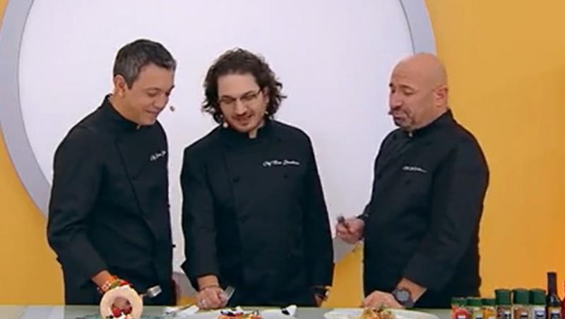 Sorin Bontea, Florin Dumitrescu și Cătălin Scărlătescu, la emisiunea „Chefi la cuțite”