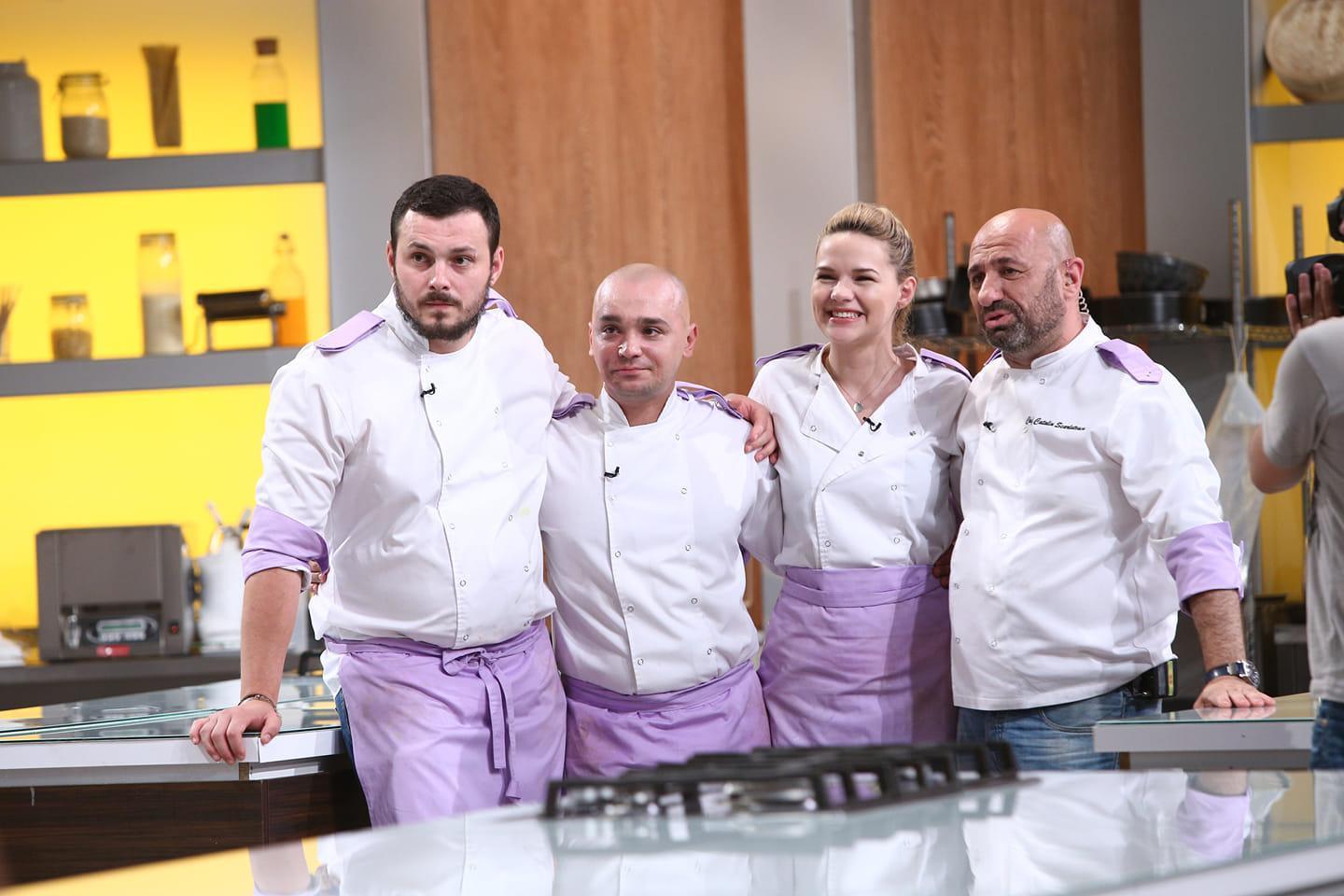 Rahela Pîslaru și membri ai echipei mov condusă de Cătălin Scărlătescu la „Chefi la cuțite” sezonul 7