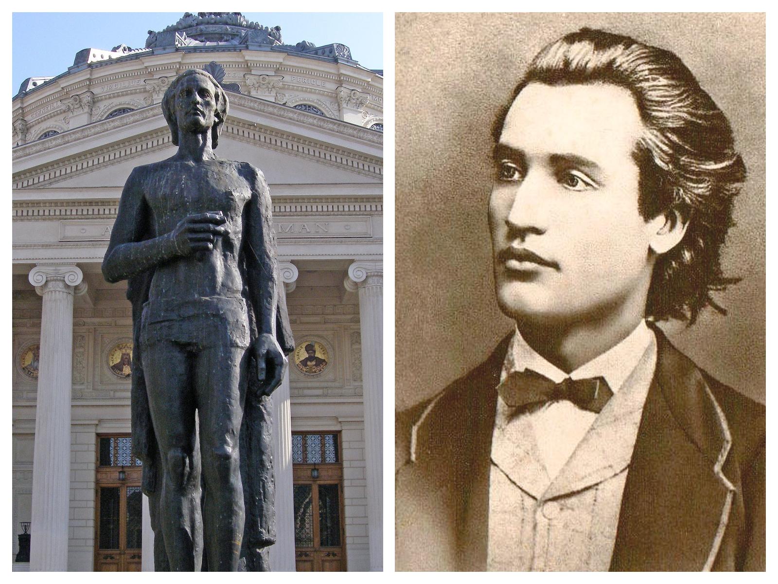 Statuia lui Mihai Eminescu de la Atenetul Român și portretul petului de la vârsta de 19 ani