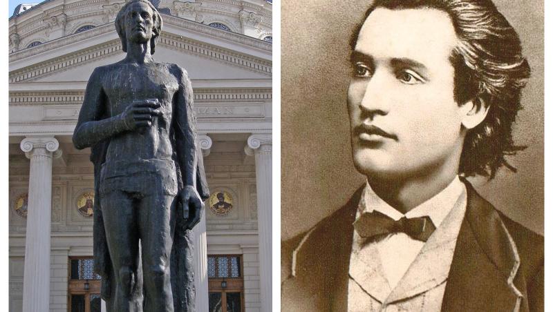 Statuia lui Mihai Eminescu de la Atenetul Român și portretul petului de la vârsta de 19 ani