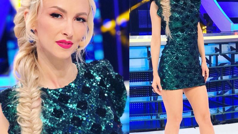 Andreea Bălan pe platoul de filmare al emisiunii Te cunosc de undeva, imbracata intr-o rochie verde și are părul împletit
