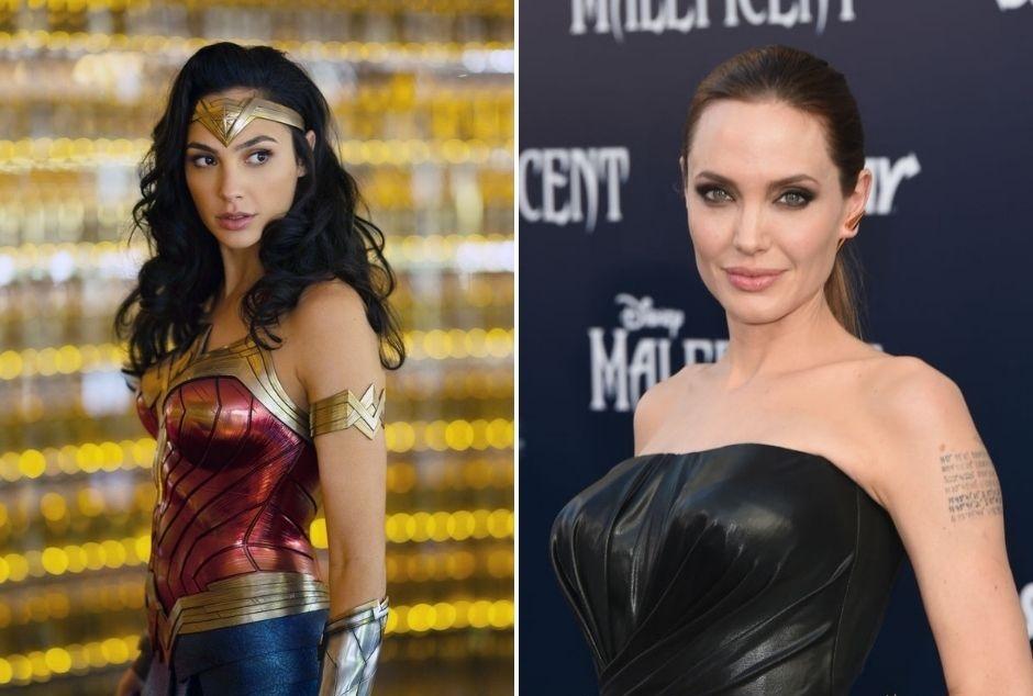Angelina Jolie pe covorul rosu, imbracata intr-o rochie neagra, iar Gal Galdot la filmări, îmbracata in Wonder Woman