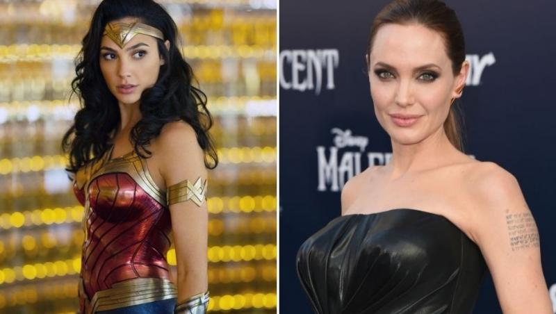 Angelina Jolie pe covorul rosu, imbracata intr-o rochie neagra, iar Gal Galdot la filmări, îmbracata in Wonder Woman