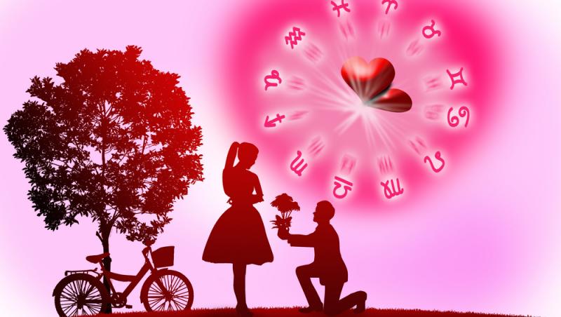 ilustratie cu un cuplu romantic si semnele zodiacale cu o inima in centru