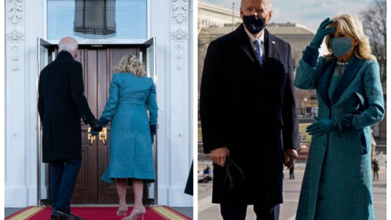 Joe Biden, îmbrăcat la costum și Jill Biden, cu un palton albastru, în fața unor uși închise, la Casa Albă